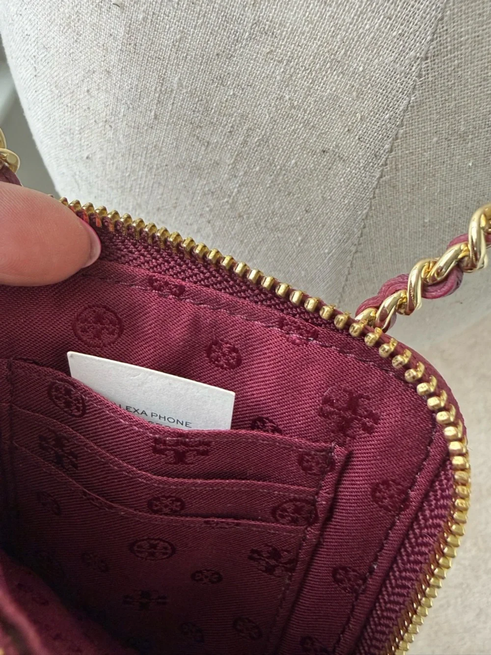 Tory Burch Quilted Wine Leather Chain Card Case/phoneCrossbody